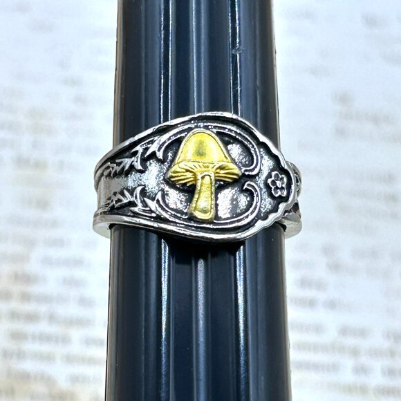 Silver Gold Mushroom Wide Band Ornate Ring Fantasy Cottagecore Botanical Theme - Picture 7 of 13